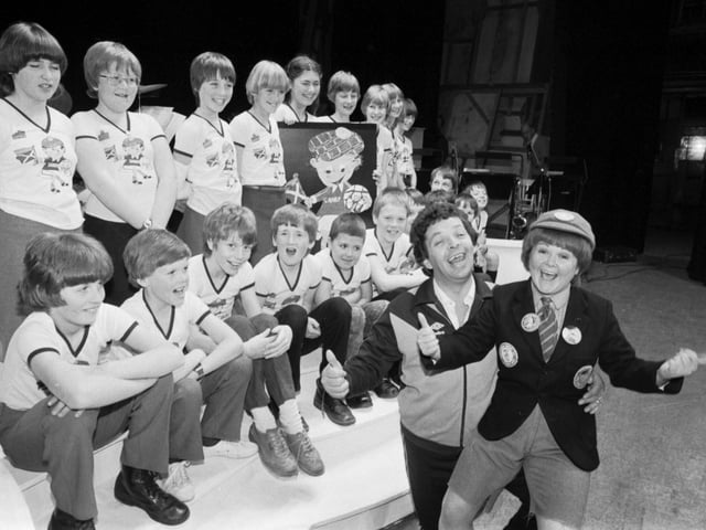The Krankies (Janette Tough and Ian Tough) with a group of children at the King's Theatre in May 1982.