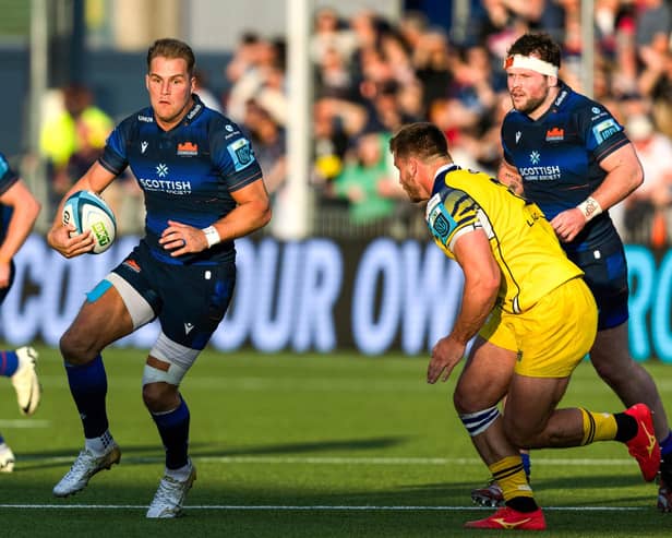 Edinburgh’s Duhan van der Merwe in action during the BKT United Rugby Championship match against Zebre Parma at  Hive Stadium, on May 10, 2024. (Photo by Ross Parker / SNS Group)