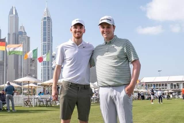 Andy Robertson and Bob MacIntyre on the practice area at Emirates Golf Club after the Slync.io Dubai Desert Classic Pro-Am. Picture: Kevin Kirk