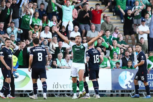 Ryan Porteous appeals during Hibs' defeat to Falkirk which contributed the Easter Road side's exit. (Picture Michael Gillen)