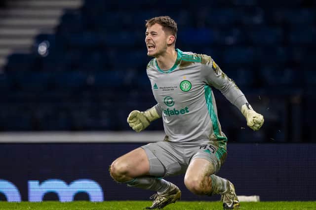 Celtic's Conor Hazard celebrates after he makes a crucial save from Hearts' Craig Wighton to clinch the Scottish Cup . (Photo by Craig Williamson / SNS Group)