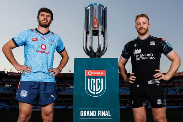Vodacom Bulls captain Ruan Nortje and Glasgow Warriors skipper Kyle Steyn pose beside the BKT United Rugby Championship trophy which will be presented after Saturday’s final at Loftus Versfeld. (Photo: ©INPHO/Ben Brady)