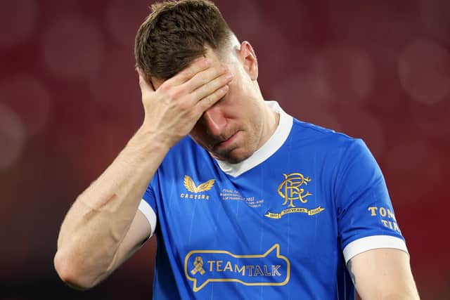 Aaron Ramsey, who was distraught after his crucial penalty miss in the Europa League final defeat against Eintracht Frankfurt in Seville, could make the last appearance of his loan spell at Rangers in the Scottish Cup final. (Photo by Alex Pantling/Getty Images)