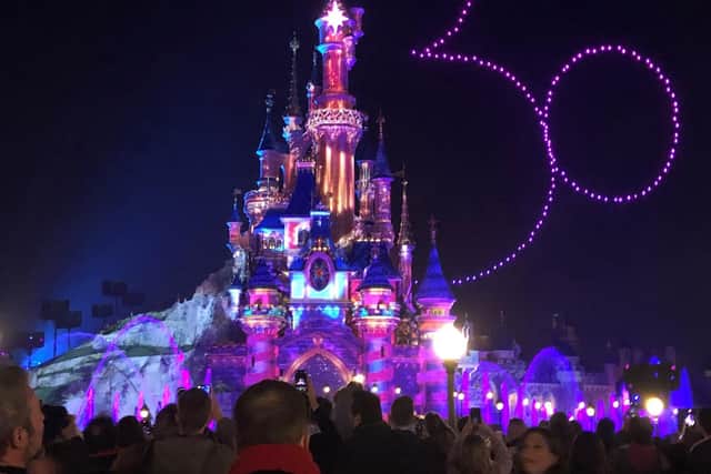 Drones over Sleeping Beauty Castle during the Disney D-Light night time experience at Disneyland Paris. Pic: PA Photo/Damon Smith.