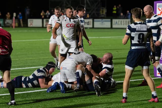MELROSE, SCOTLAND - SEPTEMBER 24: Southern Knights Grant Shiells scores a try during against Heriot's.