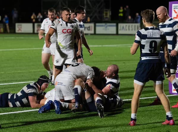 MELROSE, SCOTLAND - SEPTEMBER 24: Southern Knights Grant Shiells scores a try during against Heriot's.