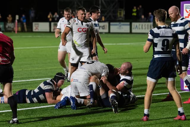 MELROSE, SCOTLAND - SEPTEMBER 24: Southern Knights Grant Shiells scores a try during against Heriot's.