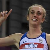Jemma Reekie celebrates her win in the 1500m at the Müller Indoor Grand Prix in February.