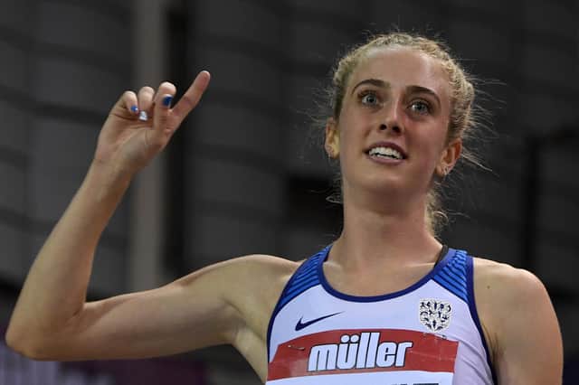 Jemma Reekie celebrates her win in the 1500m at the Müller Indoor Grand Prix in February.