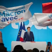 French President Emmanuel Macron addresses supporters in Paris after polls close in first round of voting in the French Presidential Election a the weekend.