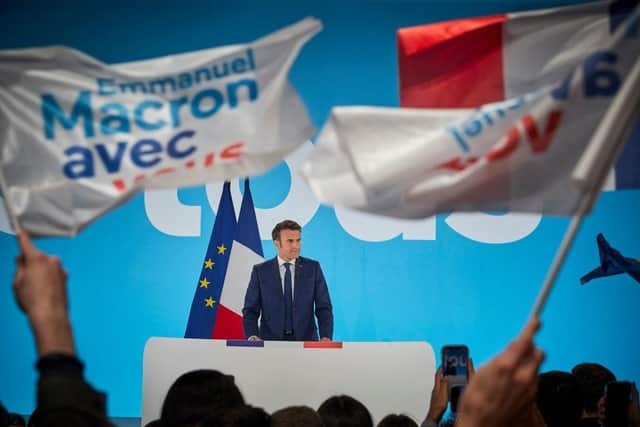 French President Emmanuel Macron addresses supporters in Paris after polls close in first round of voting in the French Presidential Election a the weekend.