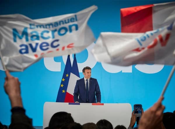 French President Emmanuel Macron addresses supporters in Paris after polls close in first round of voting in the French Presidential Election a the weekend.