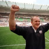 Gregor Townsend celebrates Scotland's stunning victory over France in Paris in the 1999 Five Nations Cup. Picture: Neil Hanna