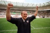 Gregor Townsend celebrates Scotland's stunning victory over France in Paris in the 1999 Five Nations Cup. Picture: Neil Hanna