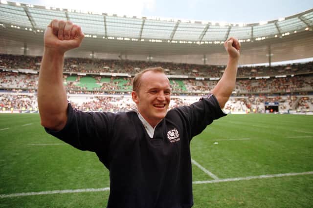 Gregor Townsend celebrates Scotland's stunning victory over France in Paris in the 1999 Five Nations Cup. Picture: Neil Hanna