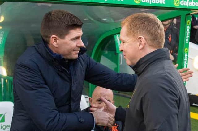 Rangers manager Steven Gerrard with Celtic manager Neil Lennon at Celtic Park on December 29, 2019 - the last time the sides met.