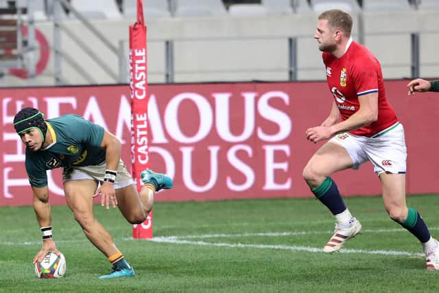 South Africa's right wing Cheslin Kolbe scores a second-half try. Picture: AFP via Getty Images