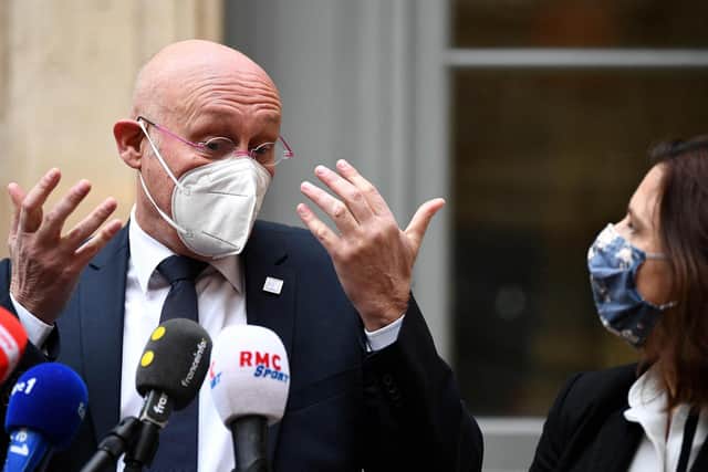 French Rugby Federation president Bernard Laporte alongside French sports minister Roxana Maracineanu. Picture: Franck Fife/AFP via Getty Images