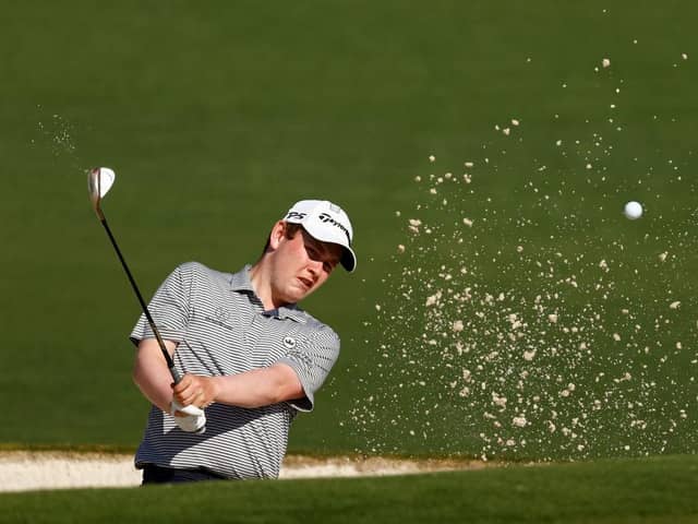 Bob MacIntyre plays a shot from a bunker on the second hole on Tuesday during a practice round prior to the Masters at Augusta National Golf Club. Picture: Jared C. Tilton/Getty Images.