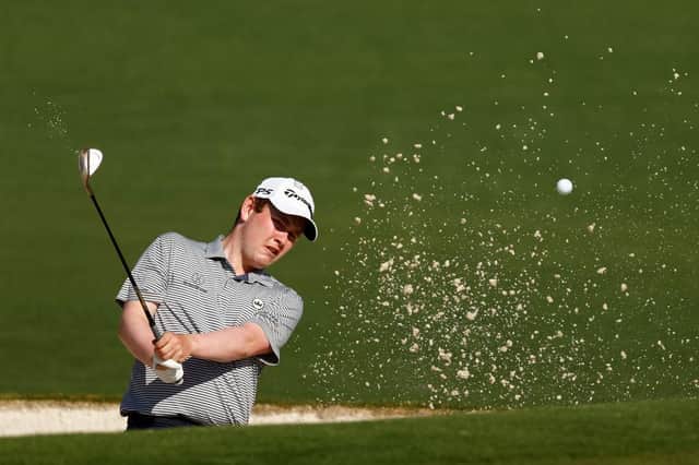 Bob MacIntyre plays a shot from a bunker on the second hole on Tuesday during a practice round prior to the Masters at Augusta National Golf Club. Picture: Jared C. Tilton/Getty Images.