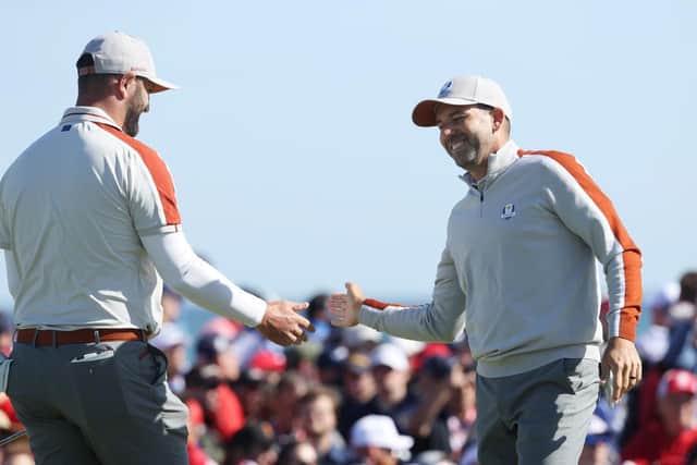 Jon Rahm and Sergio Garcia celebrate a second foursomes win together at Whistling Straits in Kohler, Wisconsin. Picture: Warren Little/Getty Images.