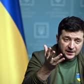 Ukrainian President Volodymyr Zelensky speaking at a press conference earlier this month. Picture: Sergei Supinksy/AFP via Getty Images.