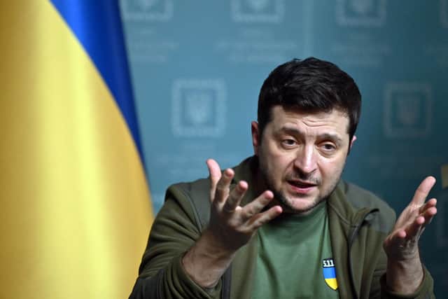 Ukrainian President Volodymyr Zelensky speaking at a press conference earlier this month. Picture: Sergei Supinksy/AFP via Getty Images.
