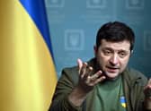 Ukrainian President Volodymyr Zelensky speaking at a press conference earlier this month. Picture: Sergei Supinksy/AFP via Getty Images.