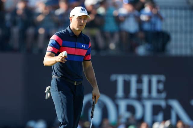 Jordan Spieth reacts on the 18th green after finishing as runner-up in the 149th Open at Royal St George’s. Picture: Oisin Keniry/Getty Images.