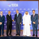 European Tour deputy CEO Guy Kinnings, chief executive Keith Pelley and chairman David Williams celebrate the announcement of the DP World Tour with DP World representatives Yuvraj Narayan, Abdulla Bin Damithan and Daniel van Otterdijk. Picture: Getty Images.