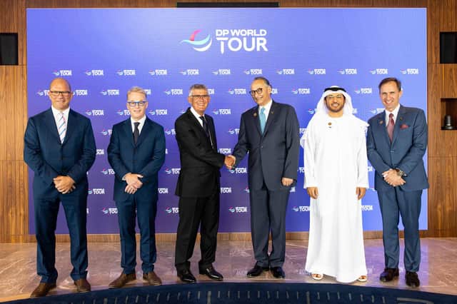 European Tour deputy CEO Guy Kinnings, chief executive Keith Pelley and chairman David Williams celebrate the announcement of the DP World Tour with DP World representatives Yuvraj Narayan, Abdulla Bin Damithan and Daniel van Otterdijk. Picture: Getty Images.