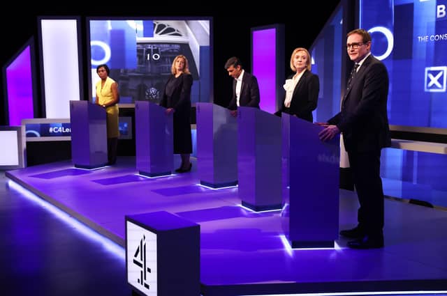 Krishnan Guru-Murthy hosts the debate with the candidates, Kemi Badenoch, Penny Mordaunt, Rishi Sunak, Liz Truss and Tom Tugendhat who are in the running for Prime Ministe facing questions from a studio audience of floating voters. Picture: Tom Nicholson/Shutterstock