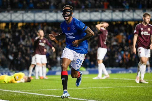 Rangers striker Danilo wheels away to celebrate scoring the stoppage-time winner against Hearts at Ibrox.
