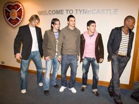 Juho Makela, Mirsad Beslija, Chris Hackett, Bruno Aguiar and Jose Goncalves were part of an infamous unveiling at Hearts in 2006. Picture: SNS