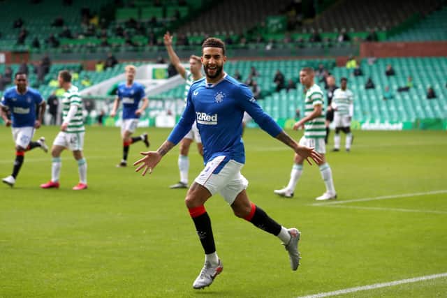 GLASGOW, SCOTLAND - OCTOBER 17: Connor Goldson of Rangers  celebrates after scoring his team's first goal during the Ladbrokes Scottish Premiership match between Celtic and Rangers at Celtic Park on October 17, 2020 in Glasgow, Scotland. Sporting stadiums around the UK remain under strict restrictions due to the Coronavirus Pandemic as Government social distancing laws prohibit fans inside venues resulting in games being played behind closed doors. (Photo by Ian MacNicol/Getty Images)