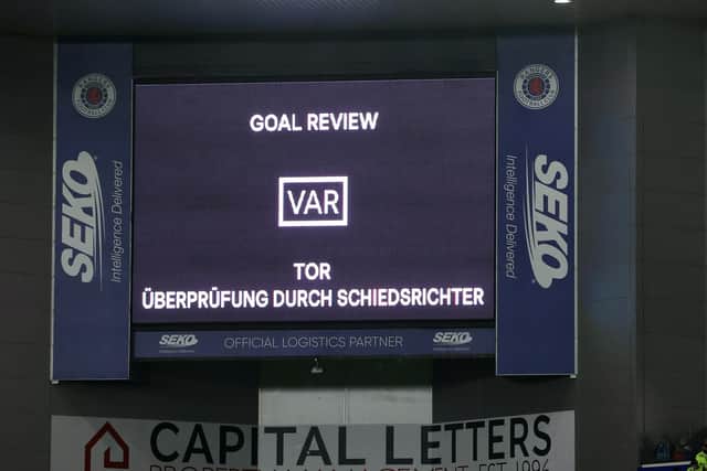 A VAR check during Rangers' game with Borussia Dortmund. (Photo by Alan Harvey / SNS Group)