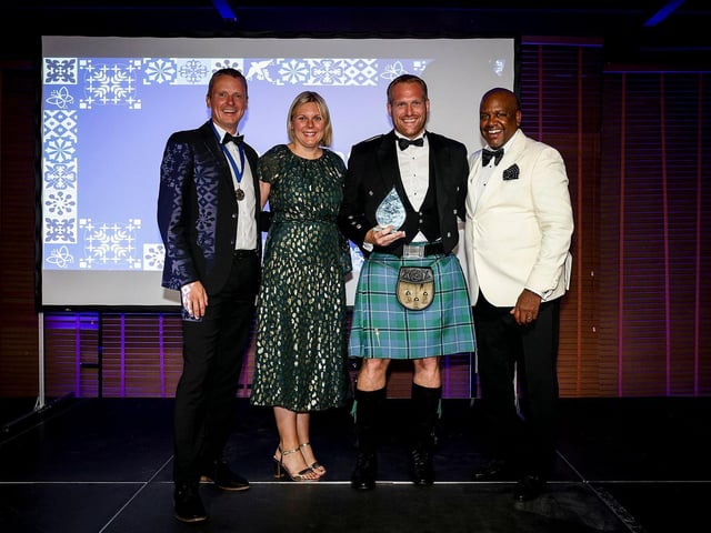 (l-r) Greg Kane (Conservatory Outlet), Caroline Roden, Lewis Roden (both Mitchell Glass) and Mick Giscombe (Conservatory Outlet) in Lisbon 2024.