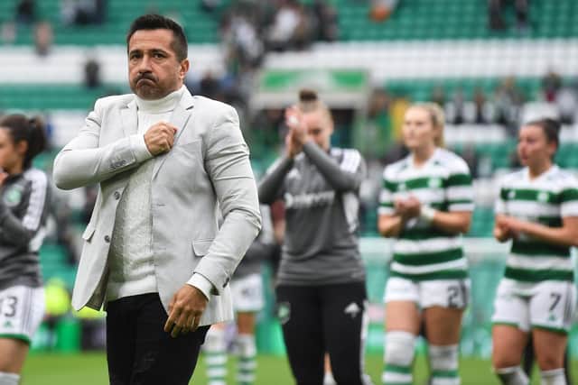 Celtic manager Fran Alonso reacts to the news that Glasgow City have won the SWPL title. (Photo by Craig Foy / SNS Group)