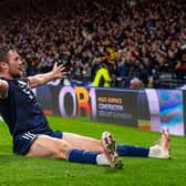Scotland’s John Souttar celebrates his opener against Denmark at Hampden. (Photo by Ross MacDonald / SNS Group)