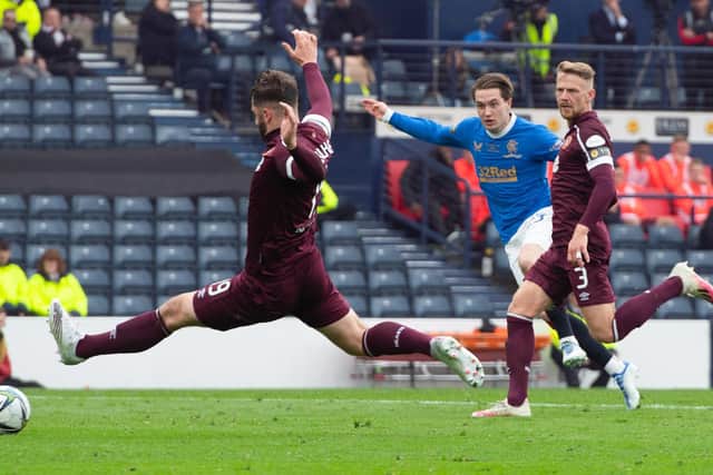 Wright fires in Rangers' second goal in the Scottish Cup final win over Hearts.  (Photo by Sammy Turner / SNS Group)