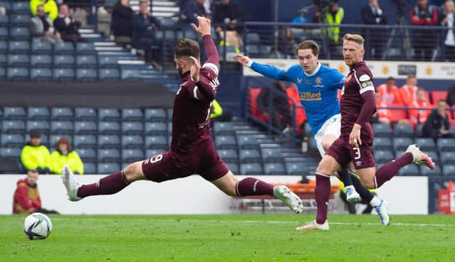 Wright fires in Rangers' second goal in the Scottish Cup final win over Hearts.  (Photo by Sammy Turner / SNS Group)