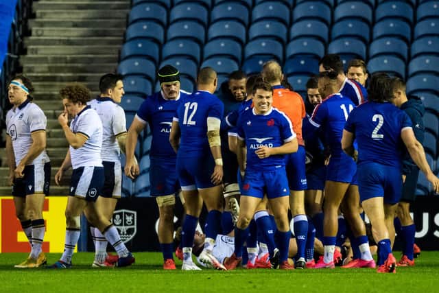 France players celebrate Virimi Vakatawa's try against Scotland. Picture: Ross Parker / SNS