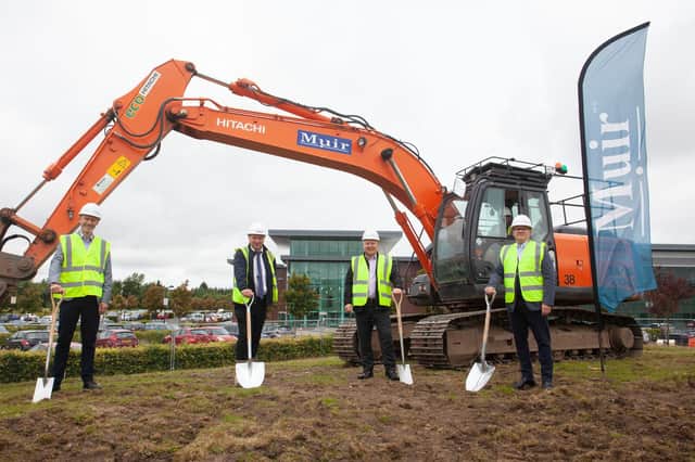 Ambassador Group has announced the official groundbreaking on a 'landmark' development on one of its properties at the Alba Campus in Livingston, West Lothian. Left to right are Graham Findlay, Thomas & Adamson; Alastair Campbell, Muir Construction; Stephen Galloway, MIWFM; Chris Richardson, Ambassador Group.