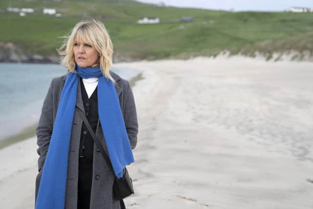 Ashley Jensen filming on Shetland. She visited the islands for the first time to work on the new series. Pic: BBC Pictures