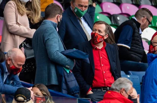 National clinical director Jason Leitch (right) speaks to Celtic chief executive Dom McKay at Murrayfield on Saturday during the British and Irish Lions' match against Japan which was played in front of 16,500 spectators. (Photo by Paul Devlin / SNS Group)