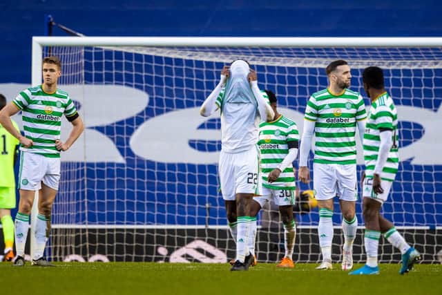 Celtic's Kristoffer Ajer, Odsonne Edouard and Shane Duffy show their dejection following Rangers' winner. (Photo by Craig Williamson / SNS Group)