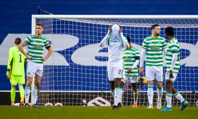 Celtic's Kristoffer Ajer, Odsonne Edouard and Shane Duffy show their dejection following Rangers' winner. (Photo by Craig Williamson / SNS Group)