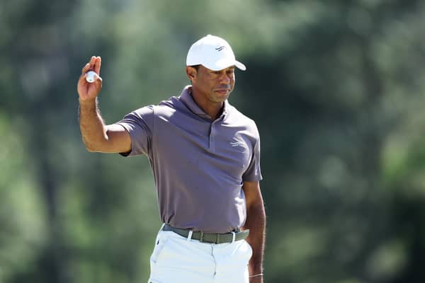 Tiger Woods reacts on the 18th green during the second round of the 2024 Masters Tournament at Augusta National Golf Club. Picture: Warren Little/Getty Images.