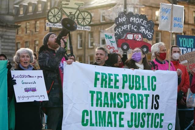 Protesters call for a fully integrated transport system across Scotland.