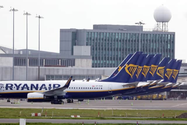 Jets parked up on the runway of Dublin airport for Ryanair. Picture: PA